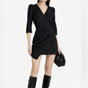 Ba&sh NEW Bliss Pinstriped Faux Wrap Mini Dress Black SZ Large 3 French Chic